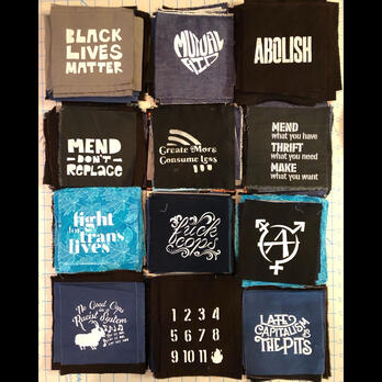 12 patches: BLM, MA, Abolish, Mend, Create More, Mend Thrift Make, Fight for Trans Lives, fuck cops, A, no good cops, fire,