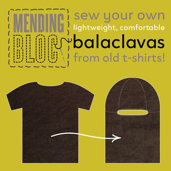gold background, mending bloc logo, text: sew your own lightweight, comfortable balaclavas from old t-shirts! tee and balaclava
