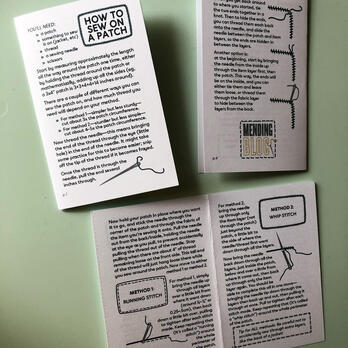 "How to Sew on a Patch" mini-zine, three copies to show front, back, and inside pages