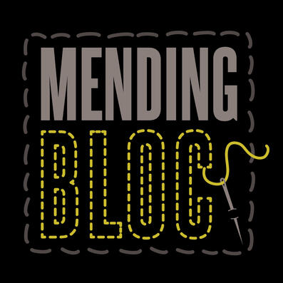 logo: black background, grey stitch lines in a square, grey "MENDING" in condensed font, gold stitched "BLOC" w/ thread & needle